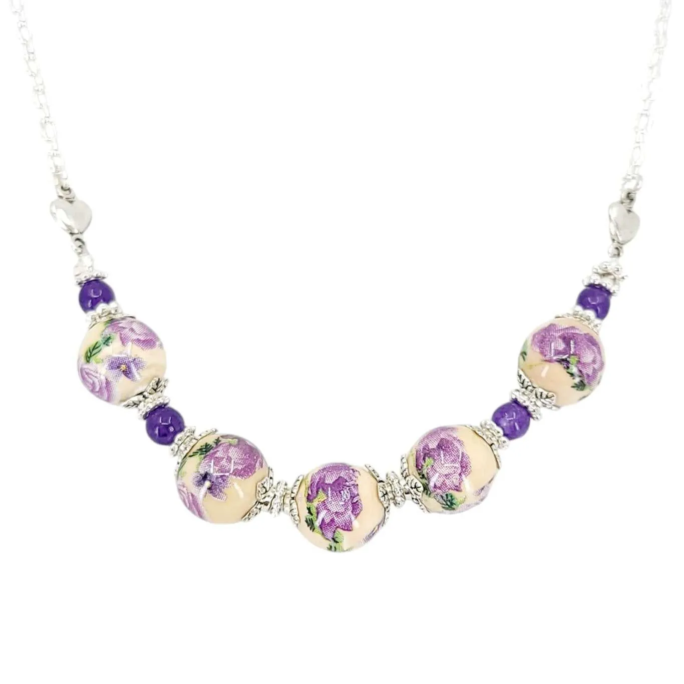 Necklace - Ceramic Bead Chain (Purple Floral) by Tiny Aloha