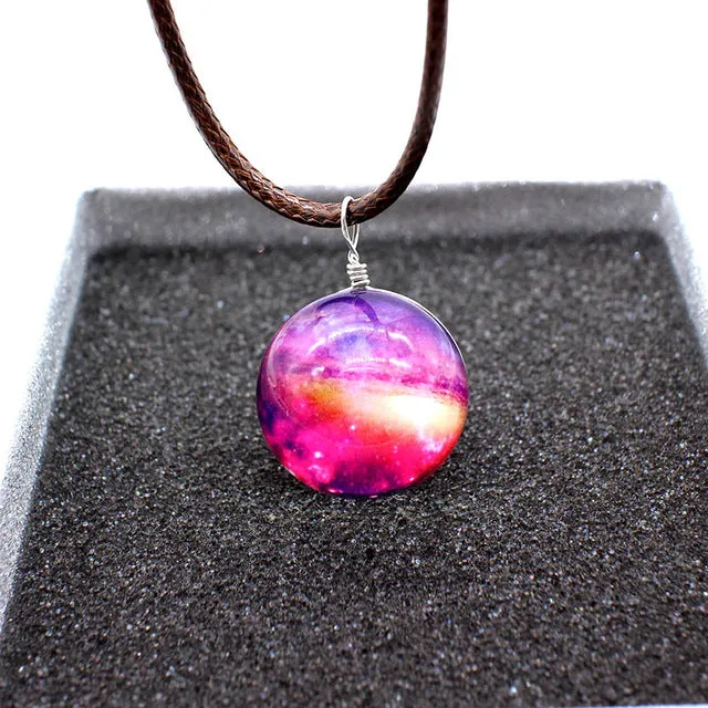 New Stars Ball Glass Collares Duplex Planet Crystal Galaxy Pattern Leather Chain Pendant Maxi Necklace For Womem Girlfriend Gift