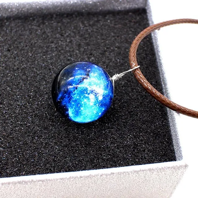 New Stars Ball Glass Collares Duplex Planet Crystal Galaxy Pattern Leather Chain Pendant Maxi Necklace For Womem Girlfriend Gift