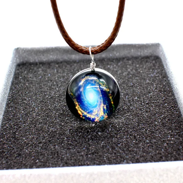 New Stars Ball Glass Collares Duplex Planet Crystal Galaxy Pattern Leather Chain Pendant Maxi Necklace For Womem Girlfriend Gift