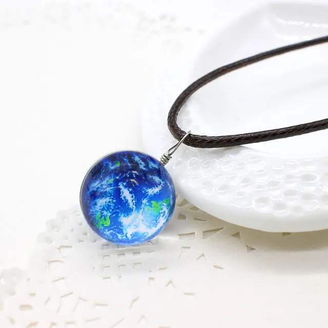 New Stars Ball Glass Collares Duplex Planet Crystal Galaxy Pattern Leather Chain Pendant Maxi Necklace For Womem Girlfriend Gift