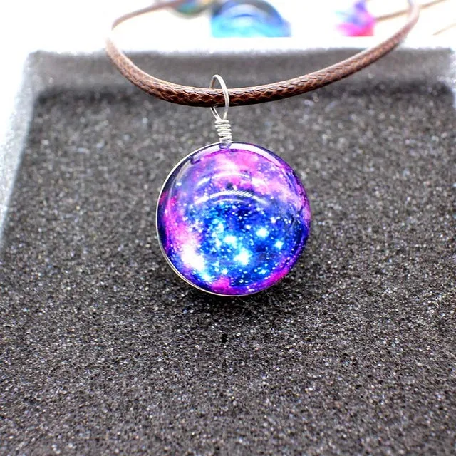 New Stars Ball Glass Collares Duplex Planet Crystal Galaxy Pattern Leather Chain Pendant Maxi Necklace For Womem Girlfriend Gift