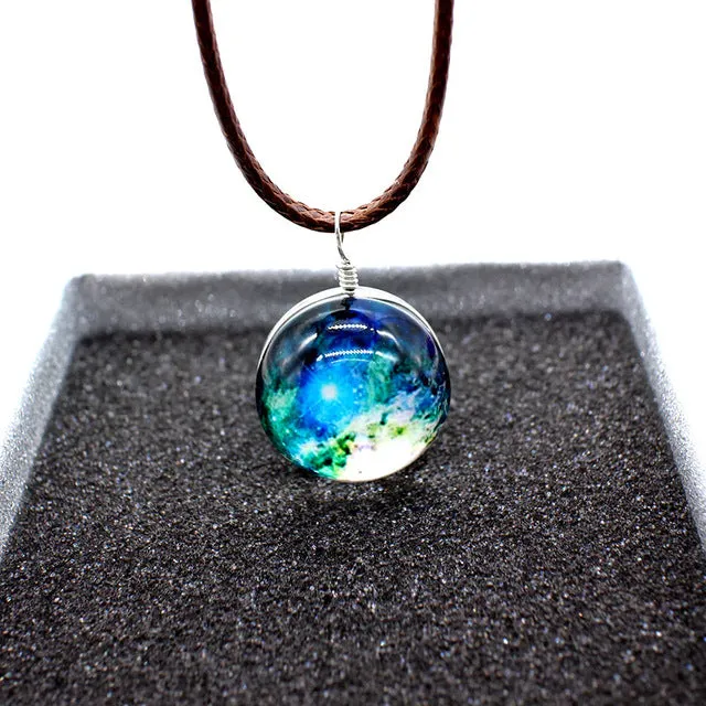 New Stars Ball Glass Collares Duplex Planet Crystal Galaxy Pattern Leather Chain Pendant Maxi Necklace For Womem Girlfriend Gift