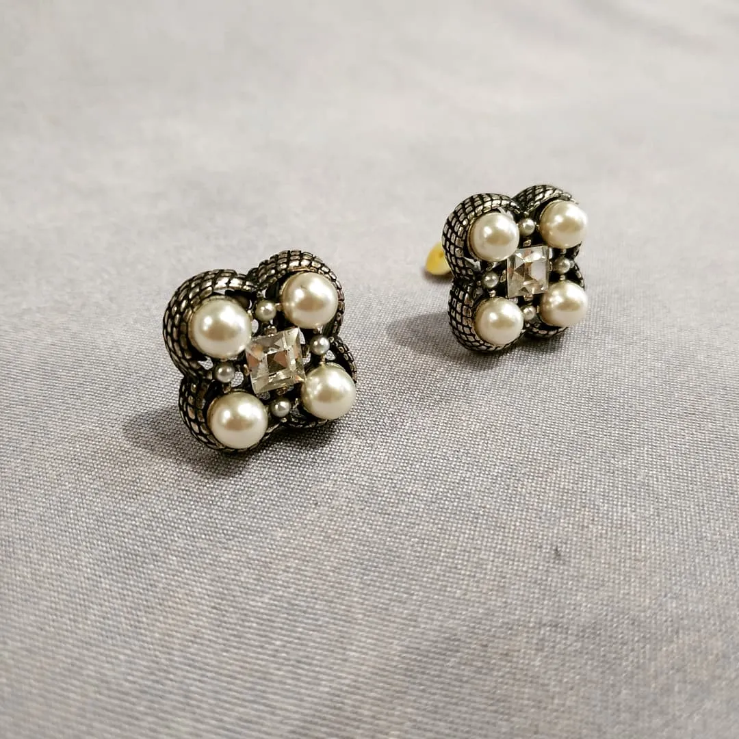 Quatrefoil Pearl Clear Crystal Clip On Earrings by Askew London