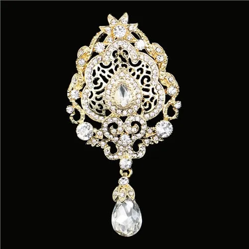 Regalia Rhinestone Silver-Gold Crystal Water Drop Bridal Brooches