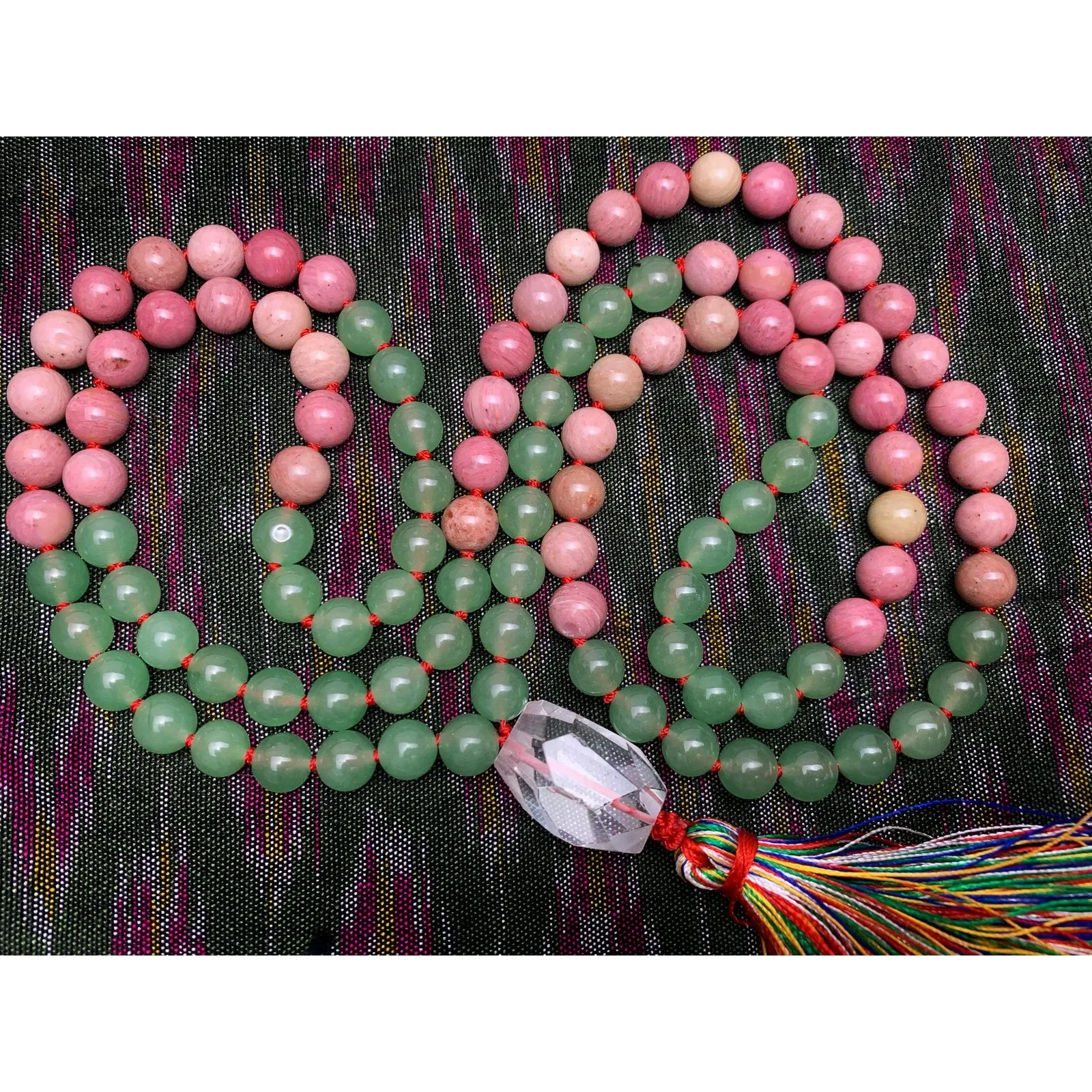 Rhodonite and Aventurine 8mm Knotted Mala with Silk Tassel #31