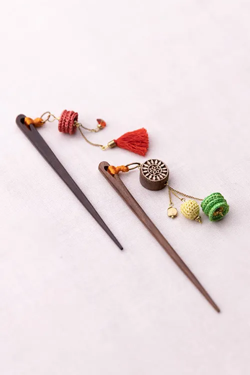 Samoolam Handmade Crochet Hairstick ~ Woodblock Flowers Multicolour - Pair