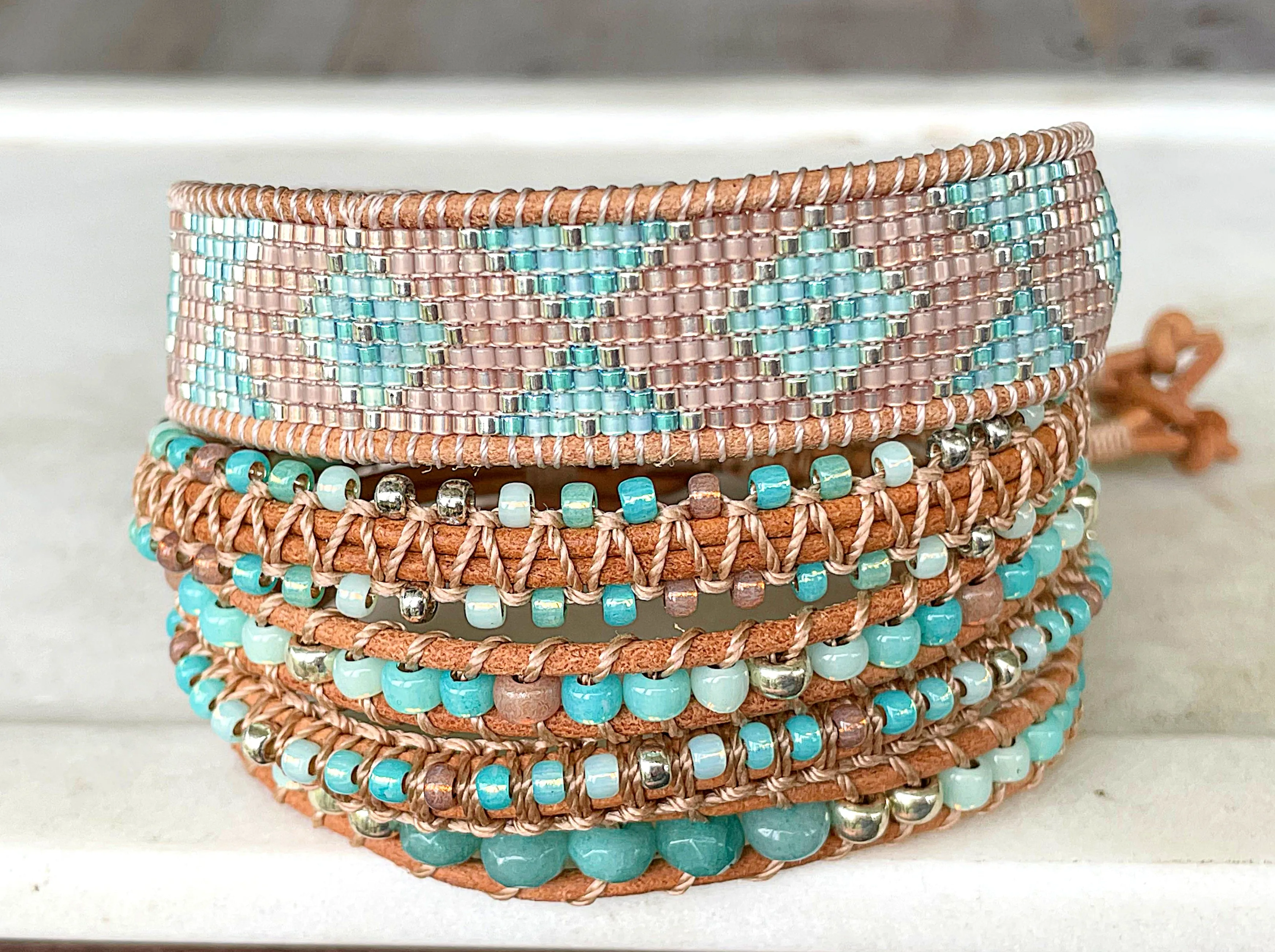 Seafoam ombré Aqua Jade Beaded Macrame Bracelet and Diamond Loom Woven Set