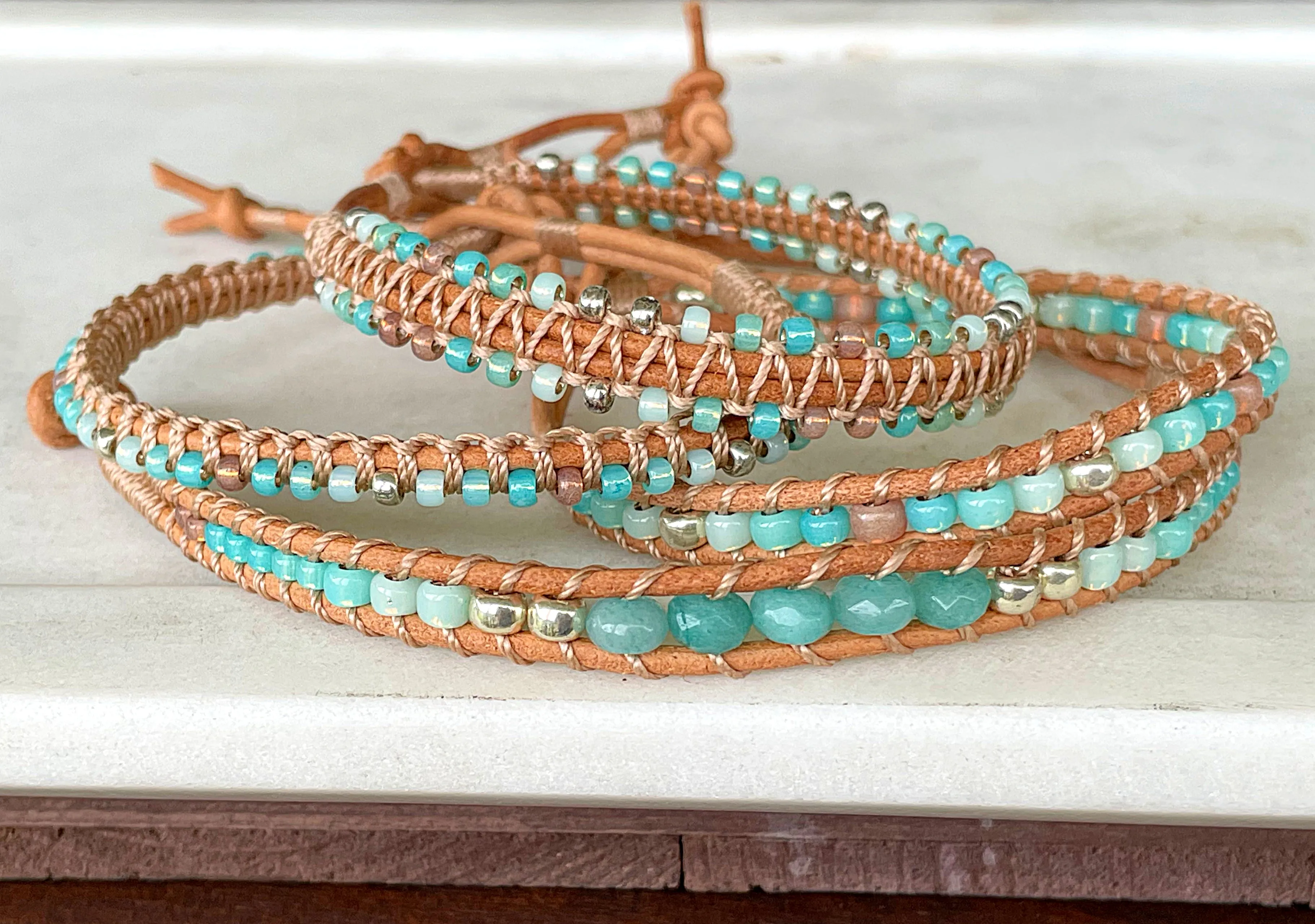 Seafoam ombré Aqua Jade Beaded Macrame Bracelet and Diamond Loom Woven Set