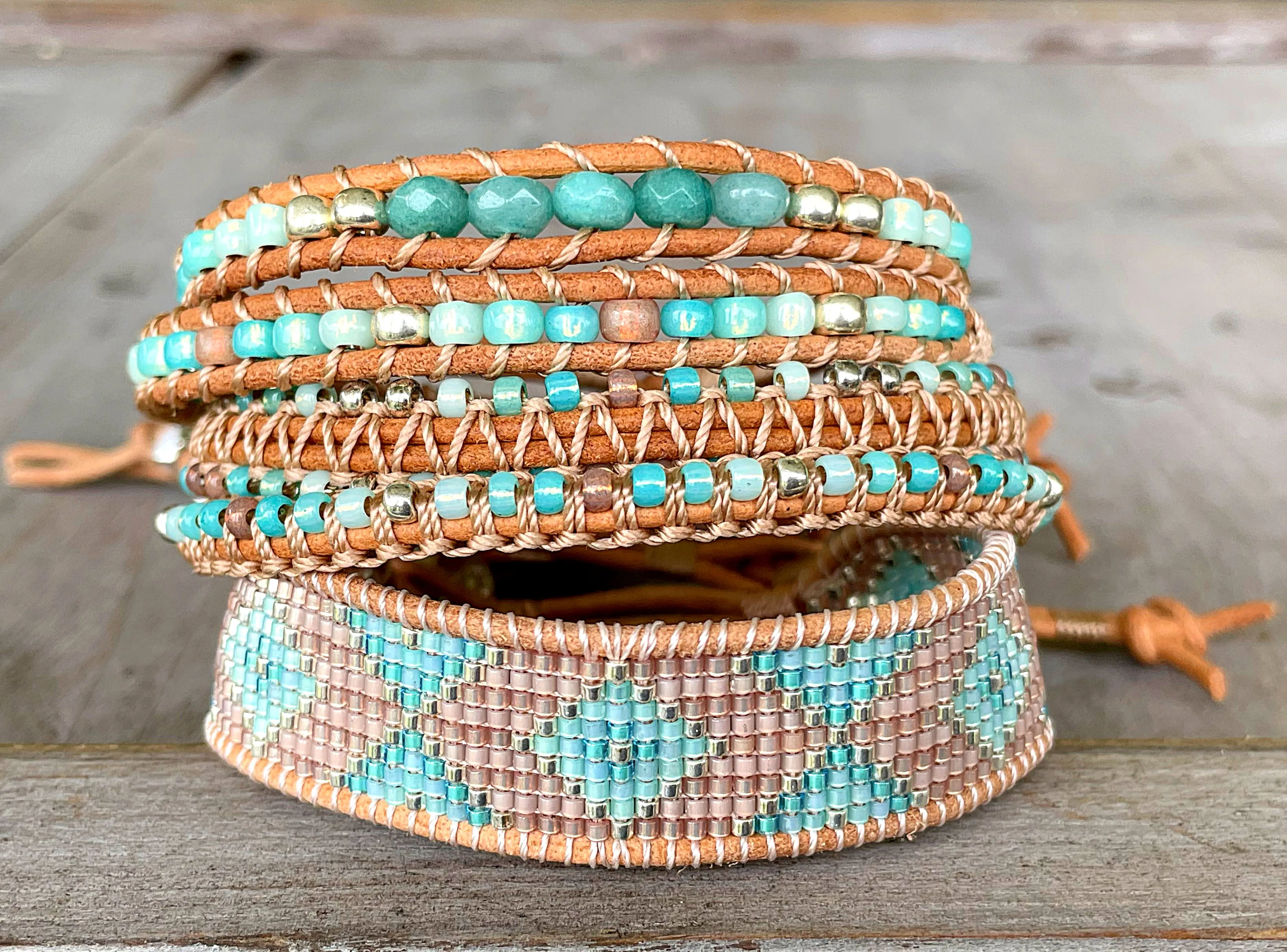 Seafoam ombré Aqua Jade Beaded Macrame Bracelet and Diamond Loom Woven Set