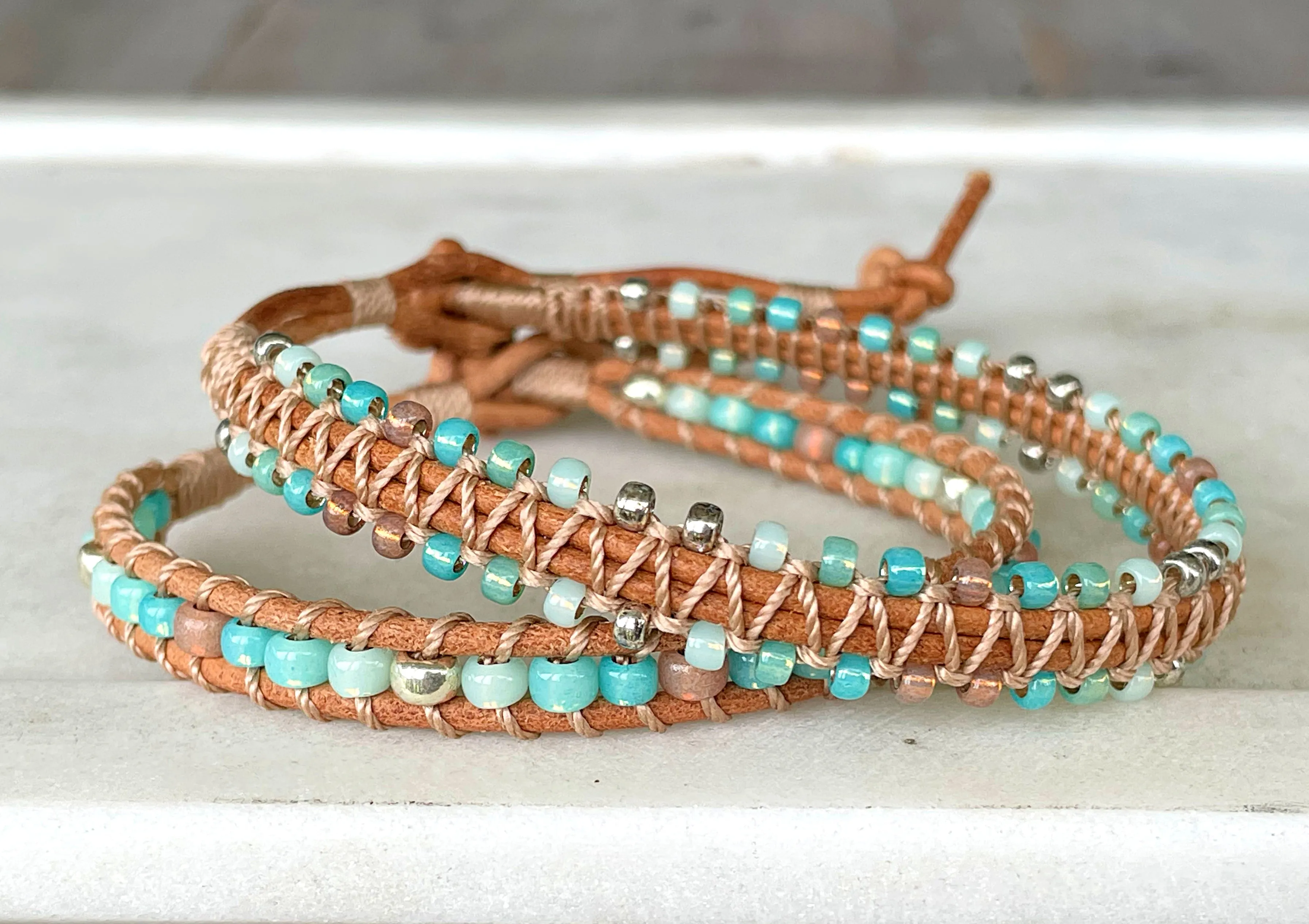 Seafoam ombré Aqua Jade Beaded Macrame Bracelet and Diamond Loom Woven Set