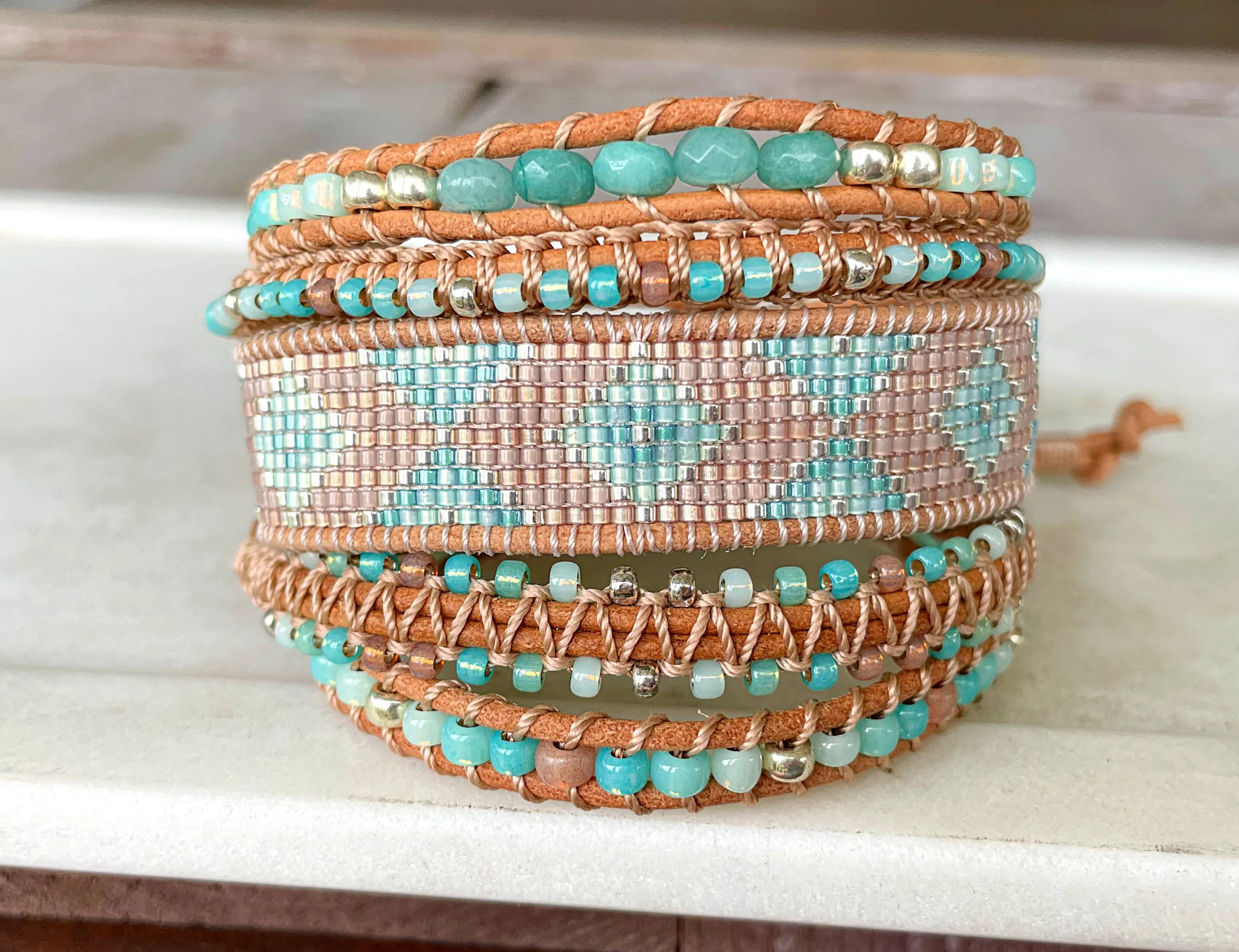 Seafoam ombré Aqua Jade Beaded Macrame Bracelet and Diamond Loom Woven Set