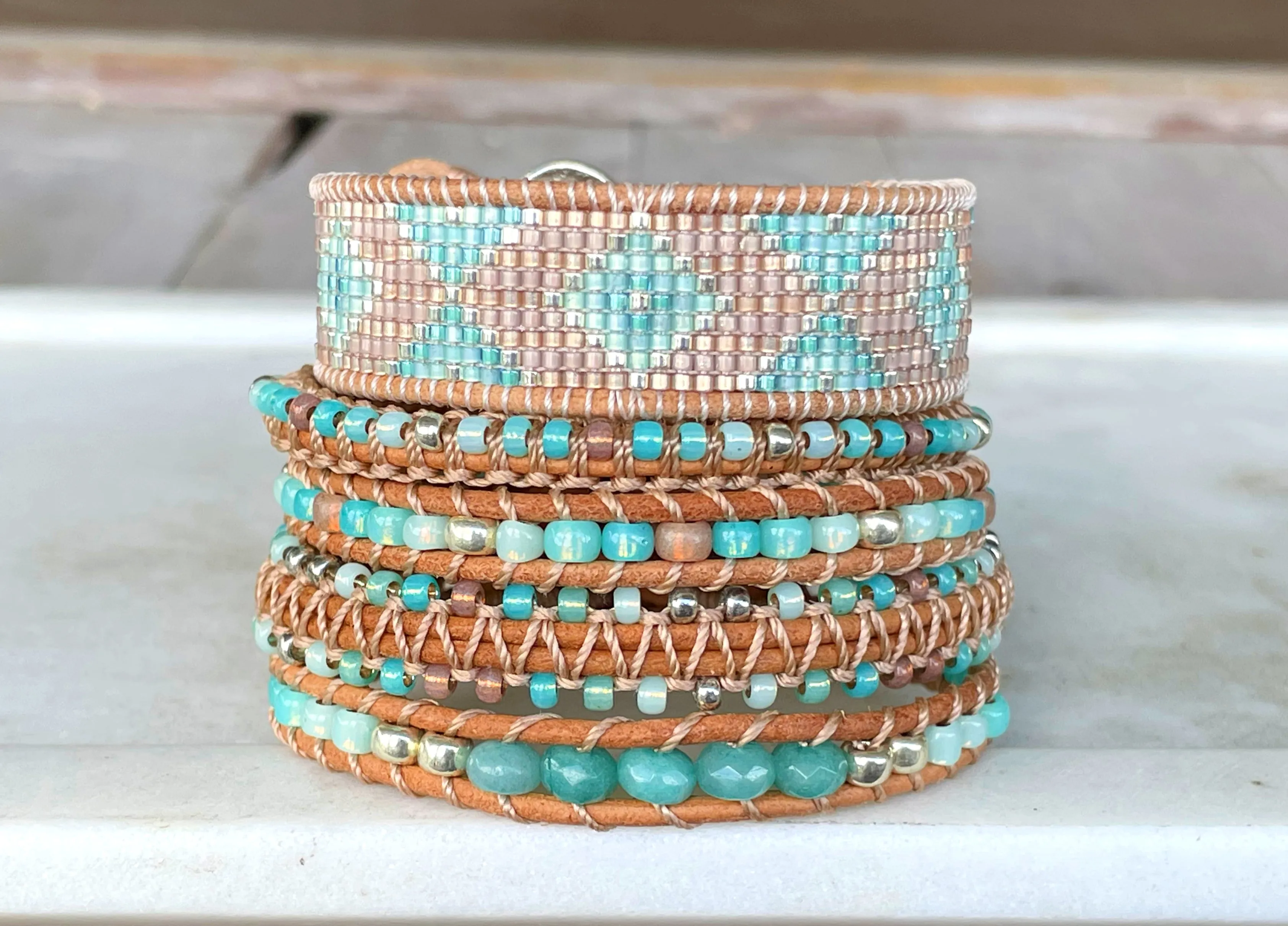 Seafoam ombré Aqua Jade Beaded Macrame Bracelet and Diamond Loom Woven Set