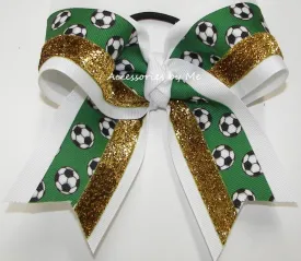 Soccer Green White Gold Glitter Hair Bow