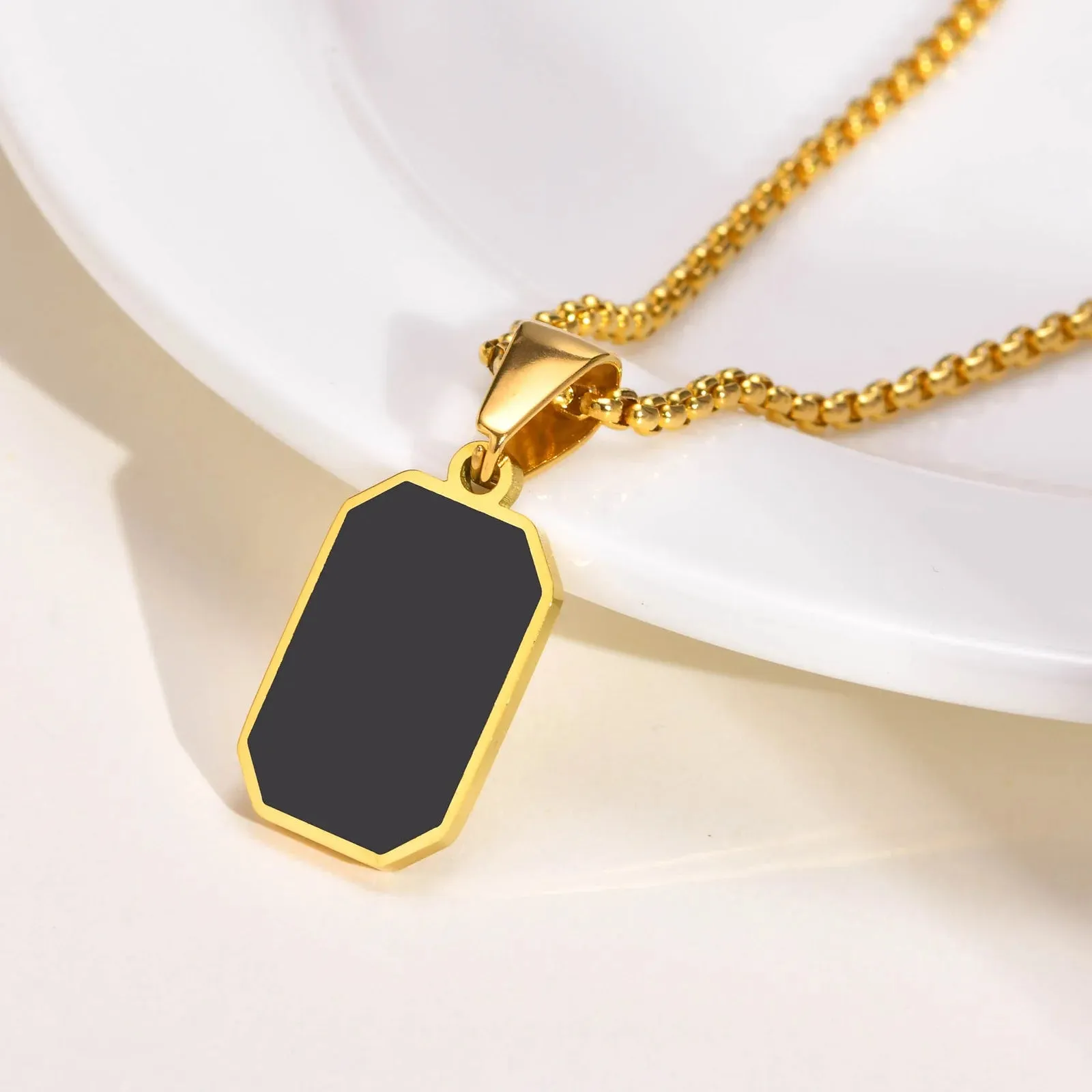 Stylish Gold Color Mens Geometric Square Necklaces,Black Enamel Rectangle Pendant with Rope Box Chain Collar Gift Jewelry