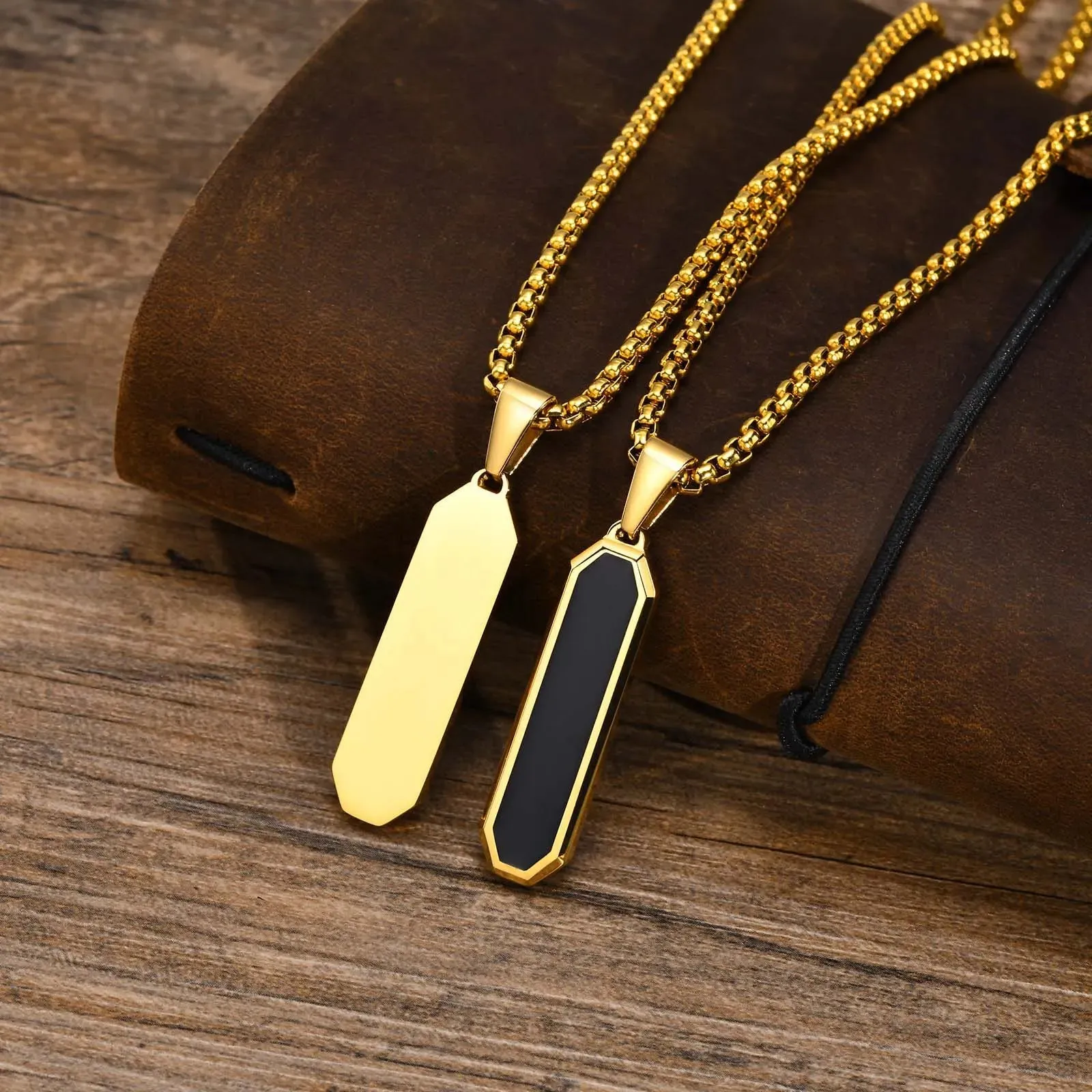 Stylish Gold Color Mens Geometric Square Necklaces,Black Enamel Rectangle Pendant with Rope Box Chain Collar Gift Jewelry