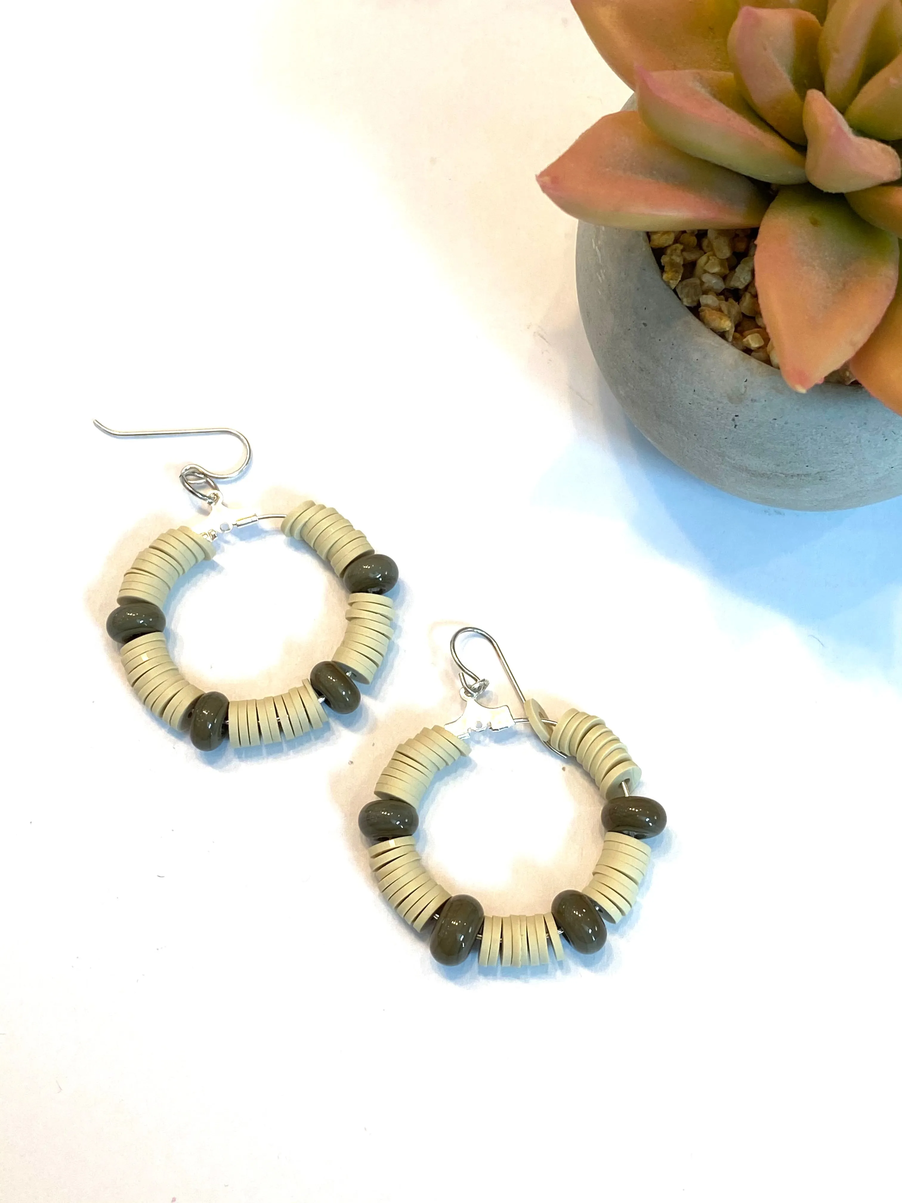 Tan Heishi and Brown Glass Beaded Hoop Earrings