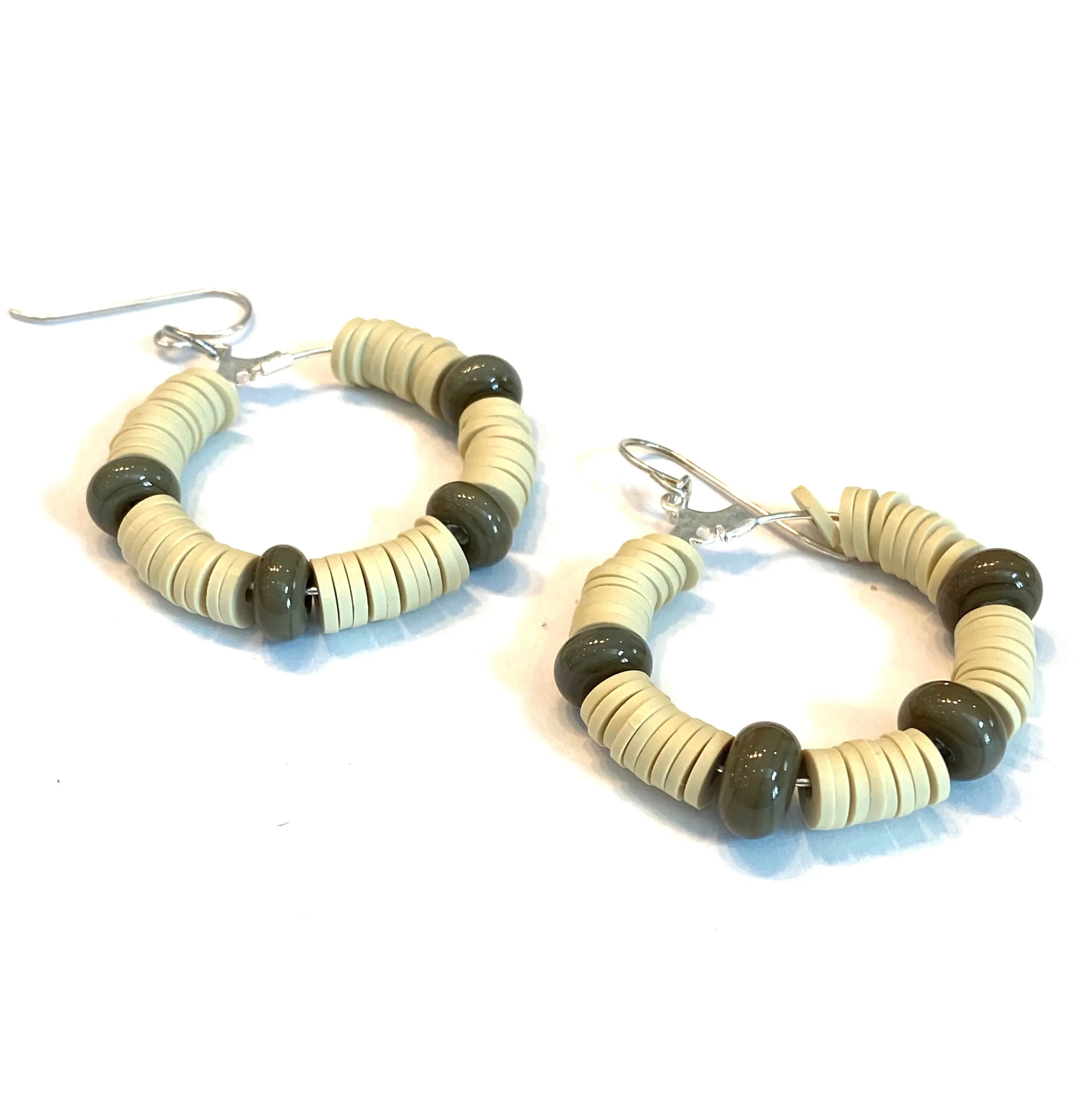 Tan Heishi and Brown Glass Beaded Hoop Earrings