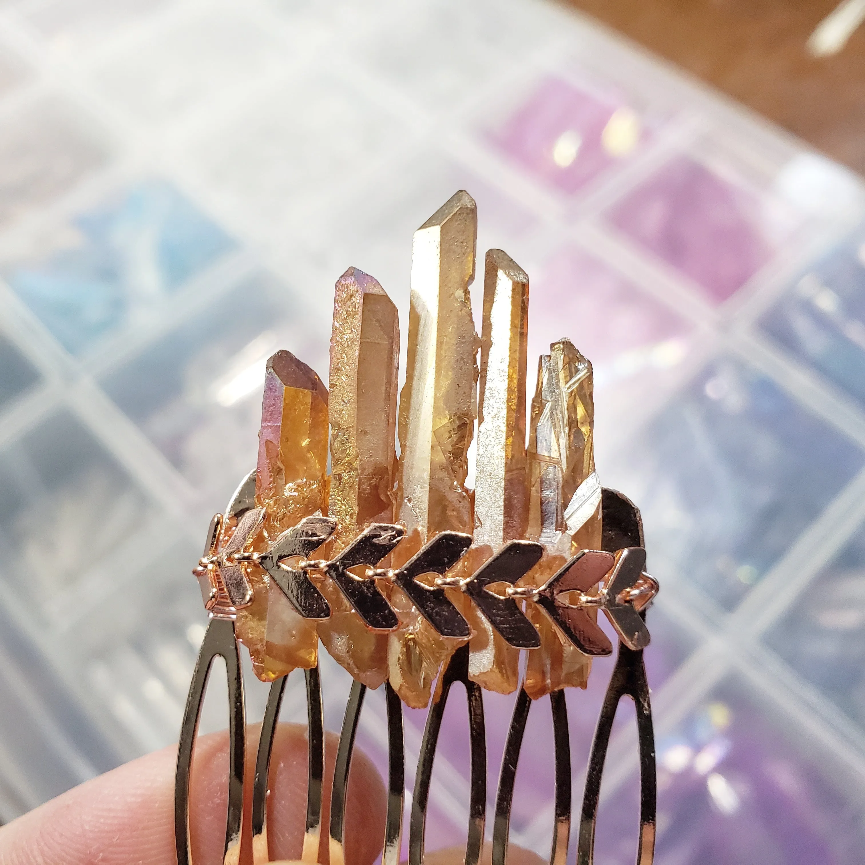 Tangerine quartz crystal Boho hair comb