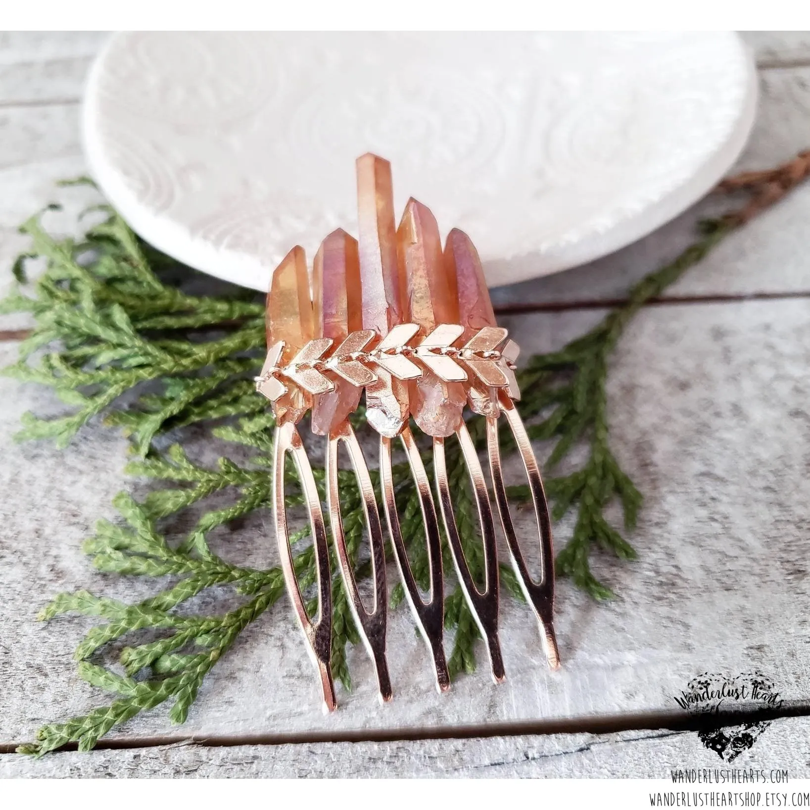 Tangerine quartz crystal Boho hair comb