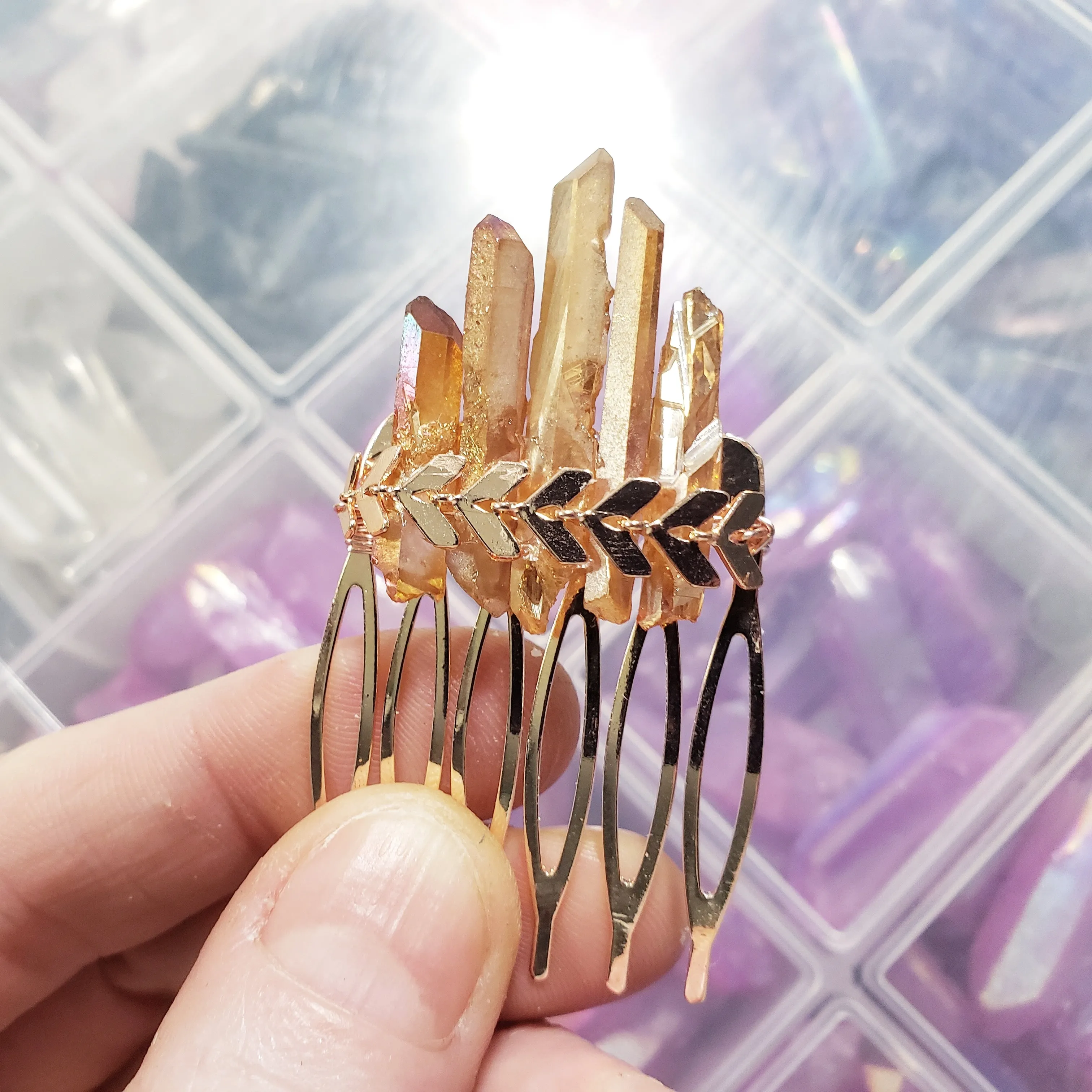 Tangerine quartz crystal Boho hair comb