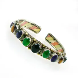 Tibetan Silver Tri-tone Cuff Bracelet 0.38" Wide with Multi Gemstones