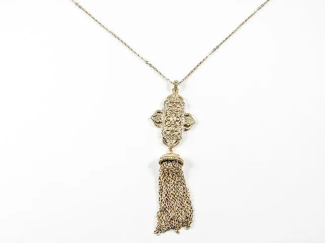 Unique Antique Style Large Cross With Tassel Gold Tone Long Necklace