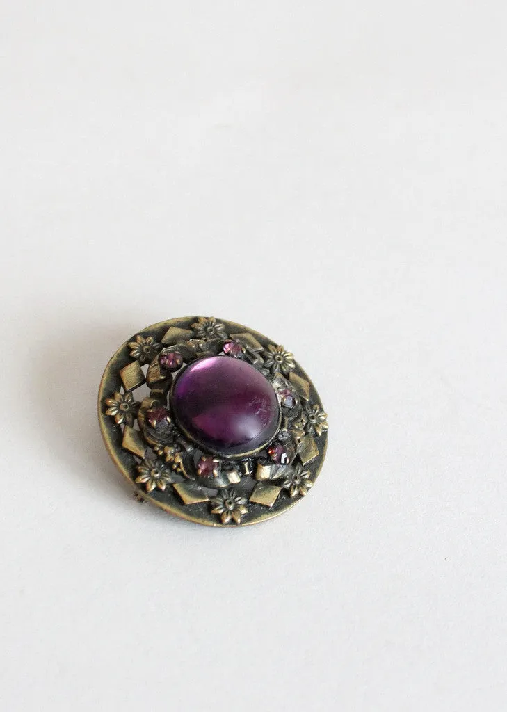 Vintage 1930s Brass and Plum Roundel Brooch