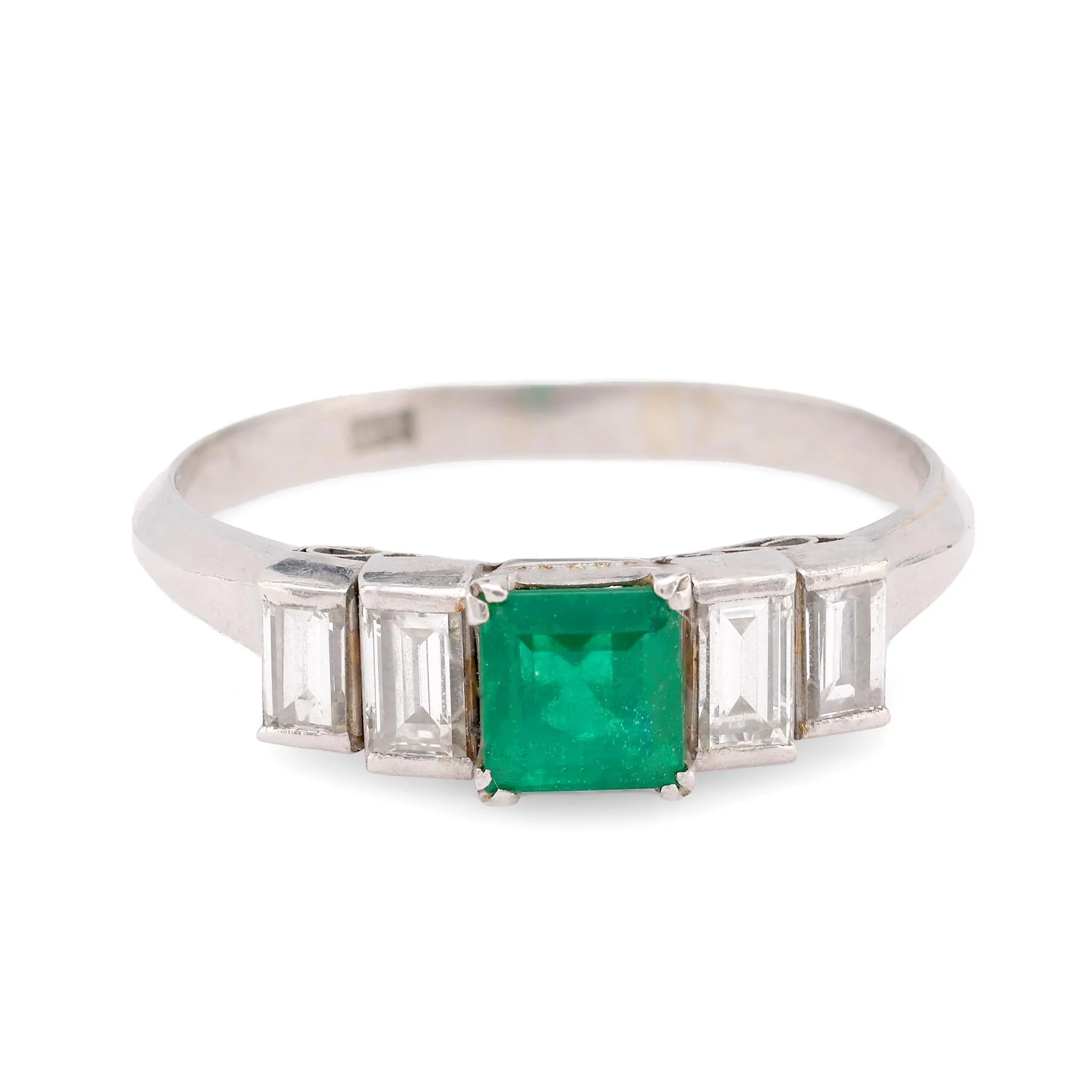 Vintage emerald diamond platinum five stone ring