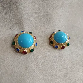 Vintage round multi colour turquoise clip on earrings