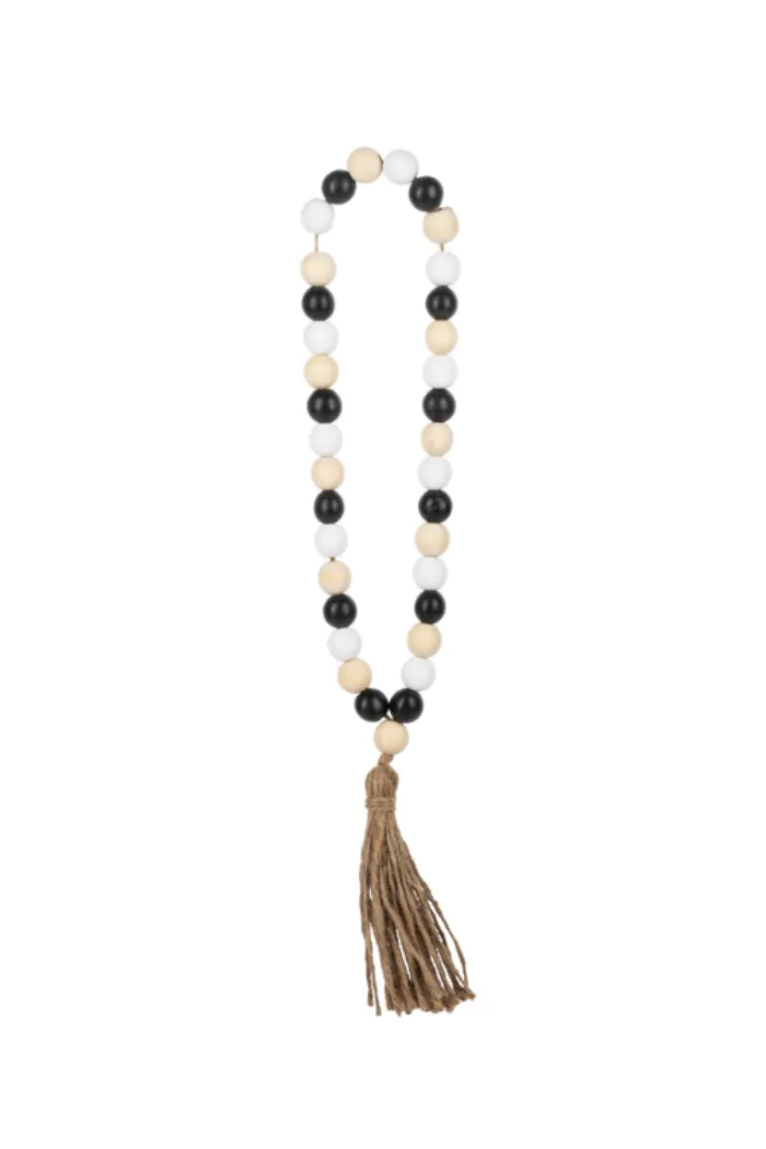 White, Natural, Black Wood Beaded Loop with Tassel